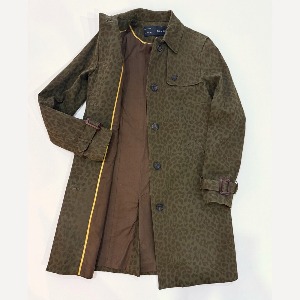Zara Basic Olive Green Leopard Print Trench Coat Small Lightweight Outerwear